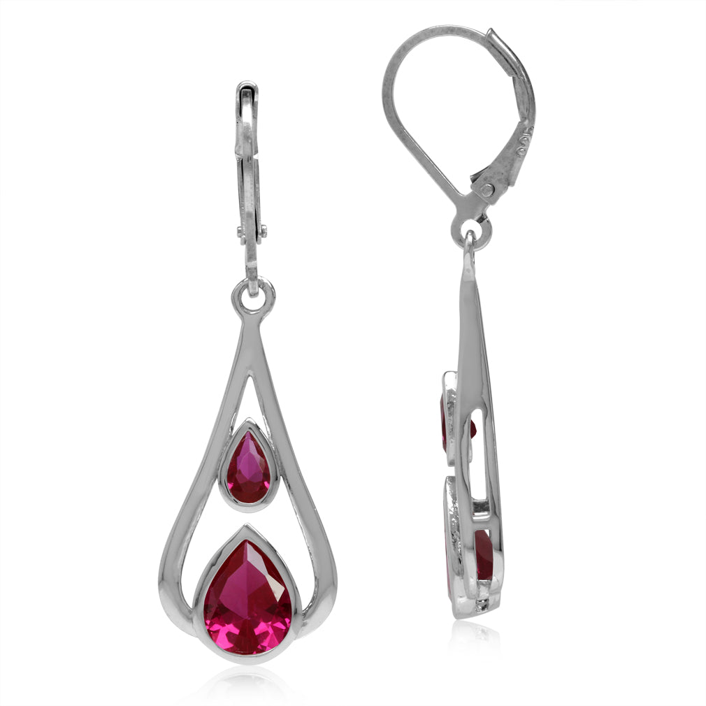 Pear Shape Synthetic Red Ruby White Gold Plated 925 Sterling Silver Drop Dangle Leverback Earrings - Silvershake-store