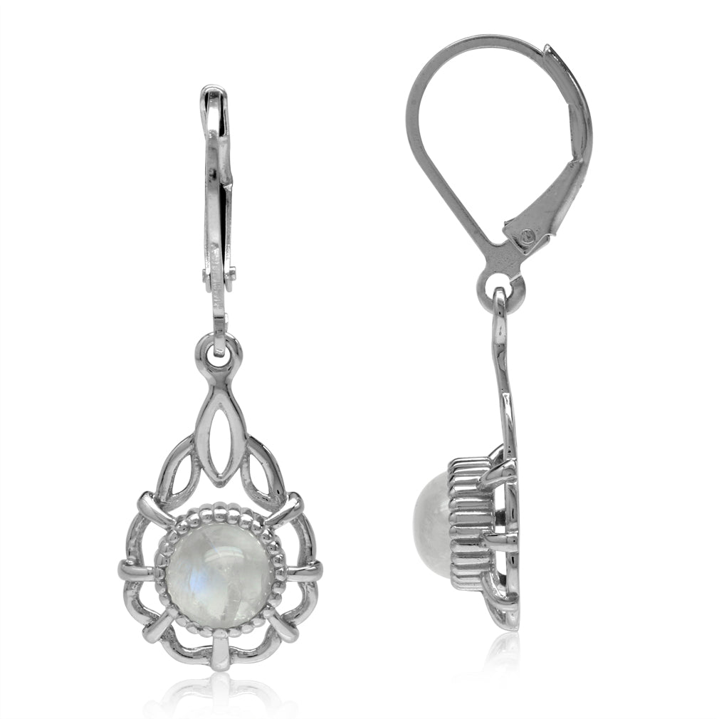Natural Moonstone White Gold Plated 925 Sterling Silver Filigree Drop Dangle Leverback Earrings - Silvershake-store