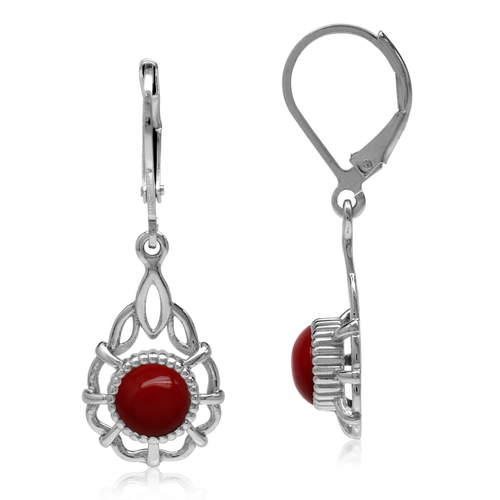 Created Red Coral White Gold Plated 925 Sterling Silver Filigree Drop Dangle Leverback Earrings - Silvershake-store