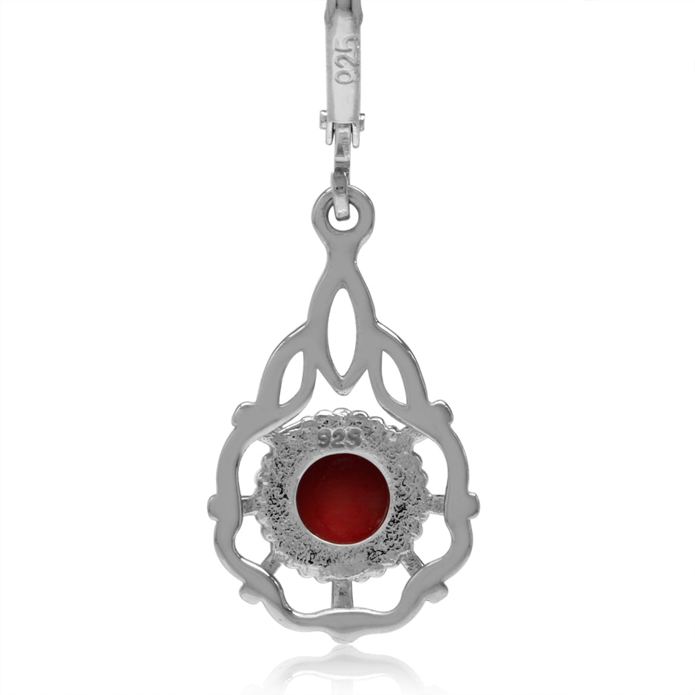Created Red Coral White Gold Plated 925 Sterling Silver Filigree Drop Dangle Leverback Earrings - Silvershake-store