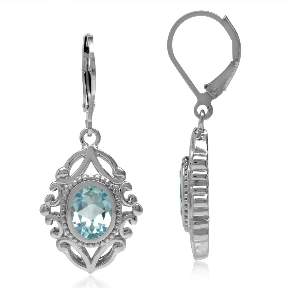 3.06ct. Genuine Oval Shape Blue Topaz 925 Sterling Silver Baroque Inspired Leverback Dangle Earrings - Silvershake-store