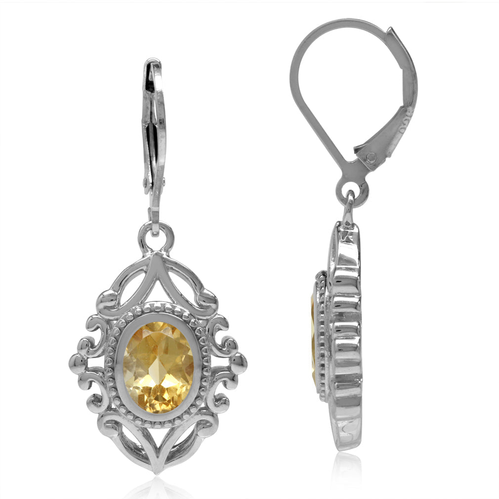 2.2ct. Natural Oval Shape Citrine 925 Sterling Silver Baroque Inspired Leverback Dangle Earrings - Silvershake-store