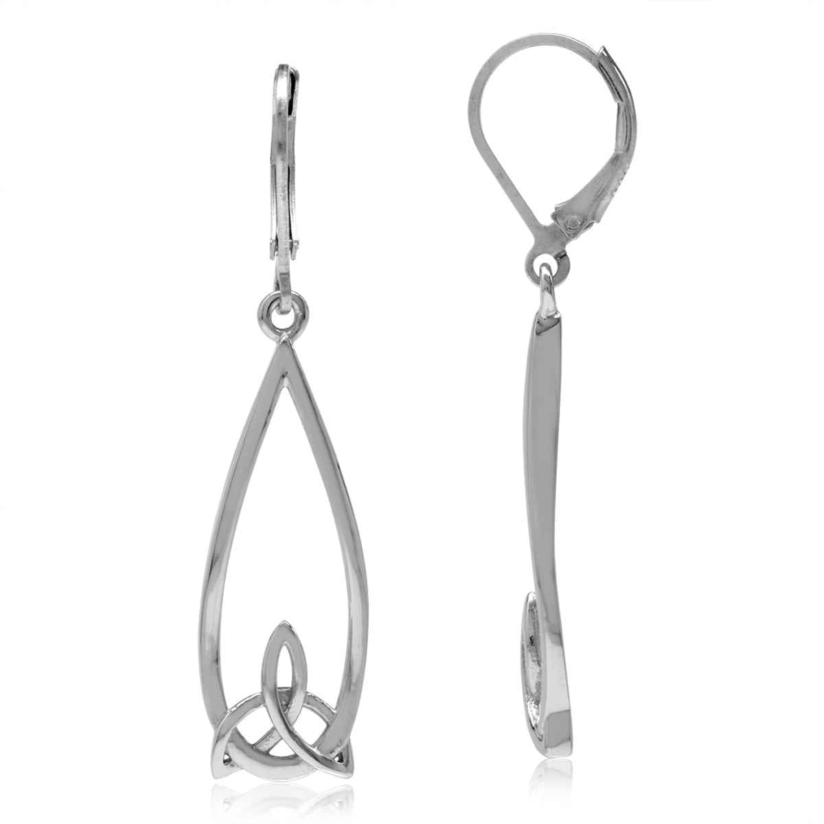 White Gold Plated 925 Sterling Silver Triquetra Celtic Knot Drop Dangle Leverback Ea - Silvershake-store