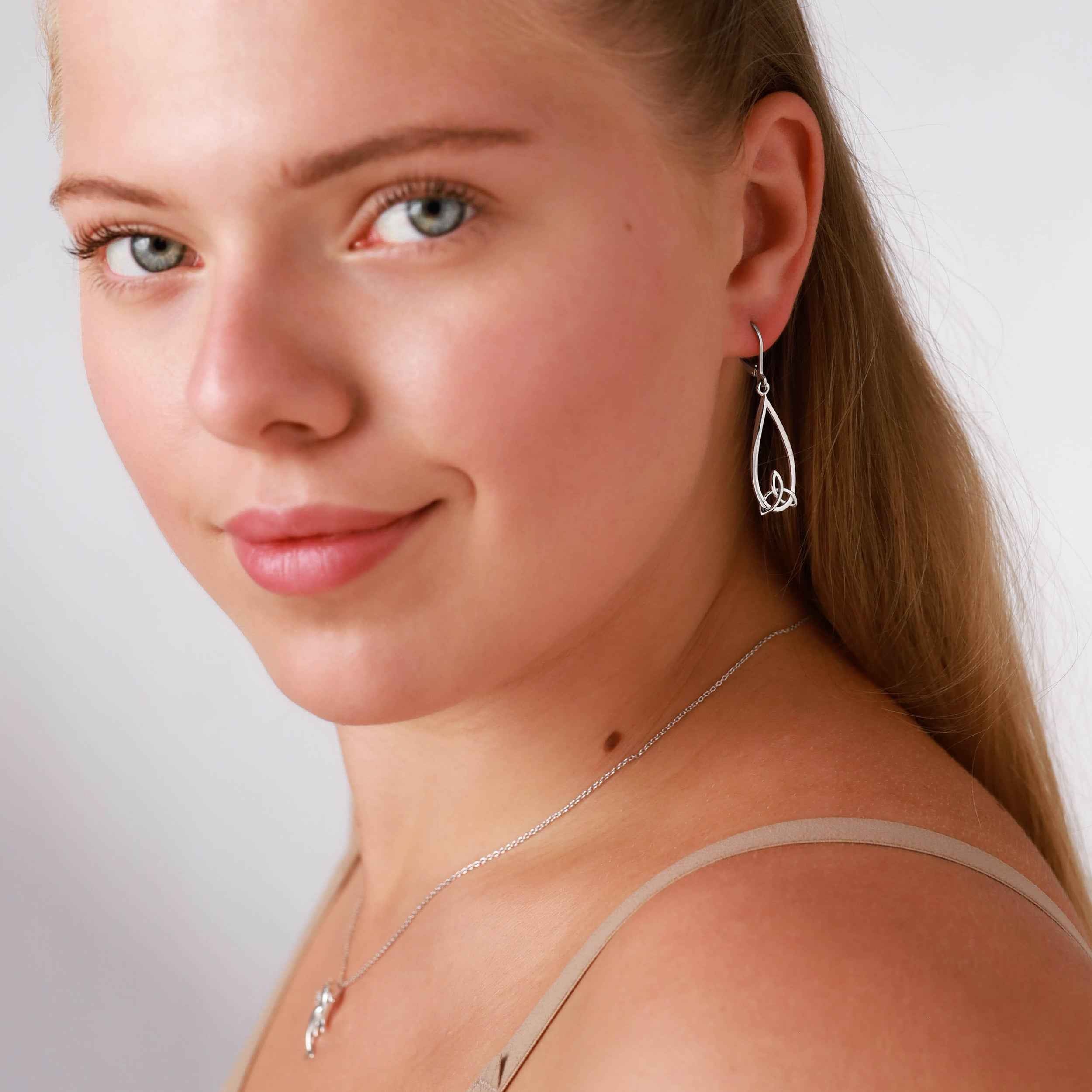 White Gold Plated 925 Sterling Silver Triquetra Celtic Knot Drop Dangle Leverback Ea - Silvershake-store