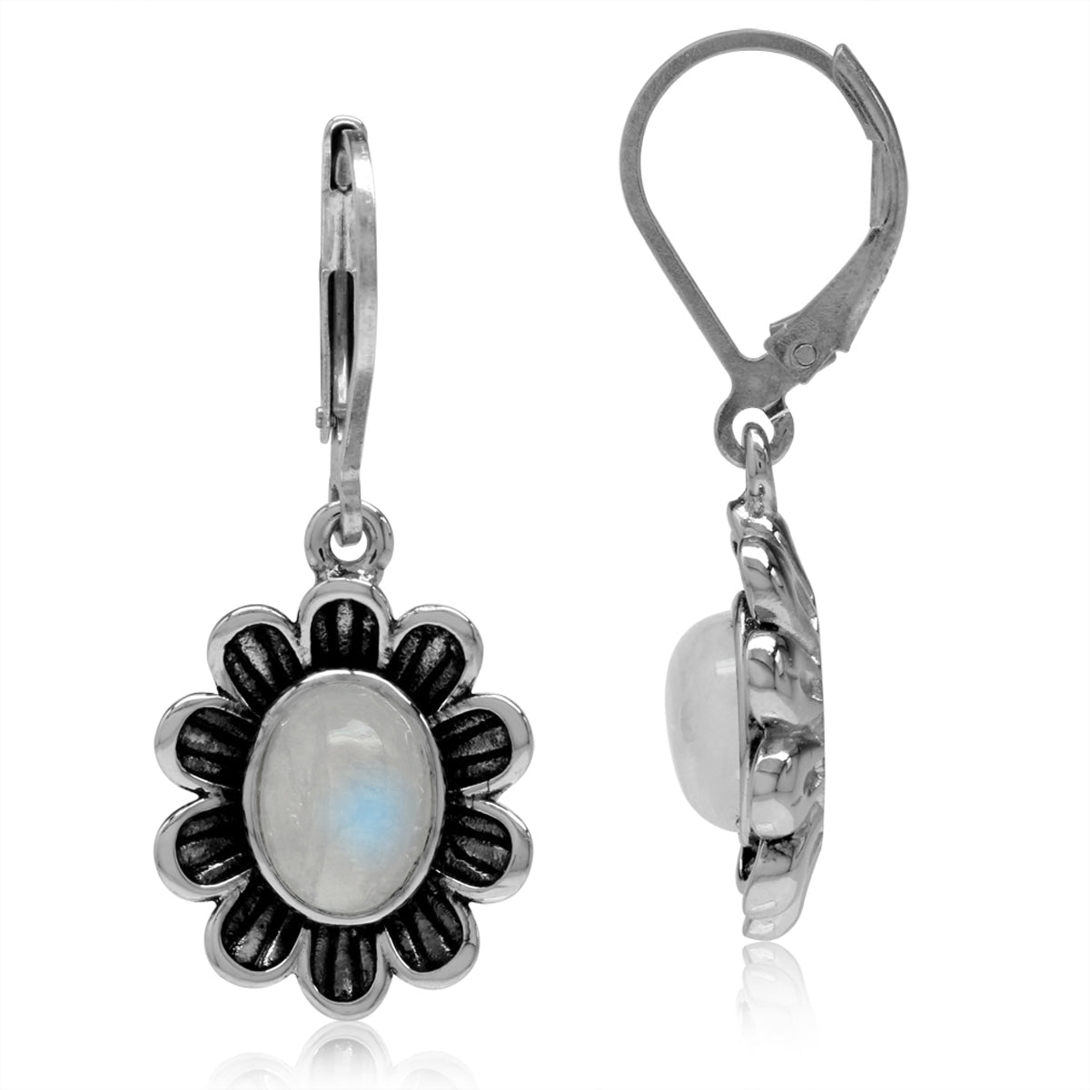 8x6mm Natural Oval Shape Moonstone 925 Sterling Silver Flower Leverback Dangle Earrings - Silvershake-store