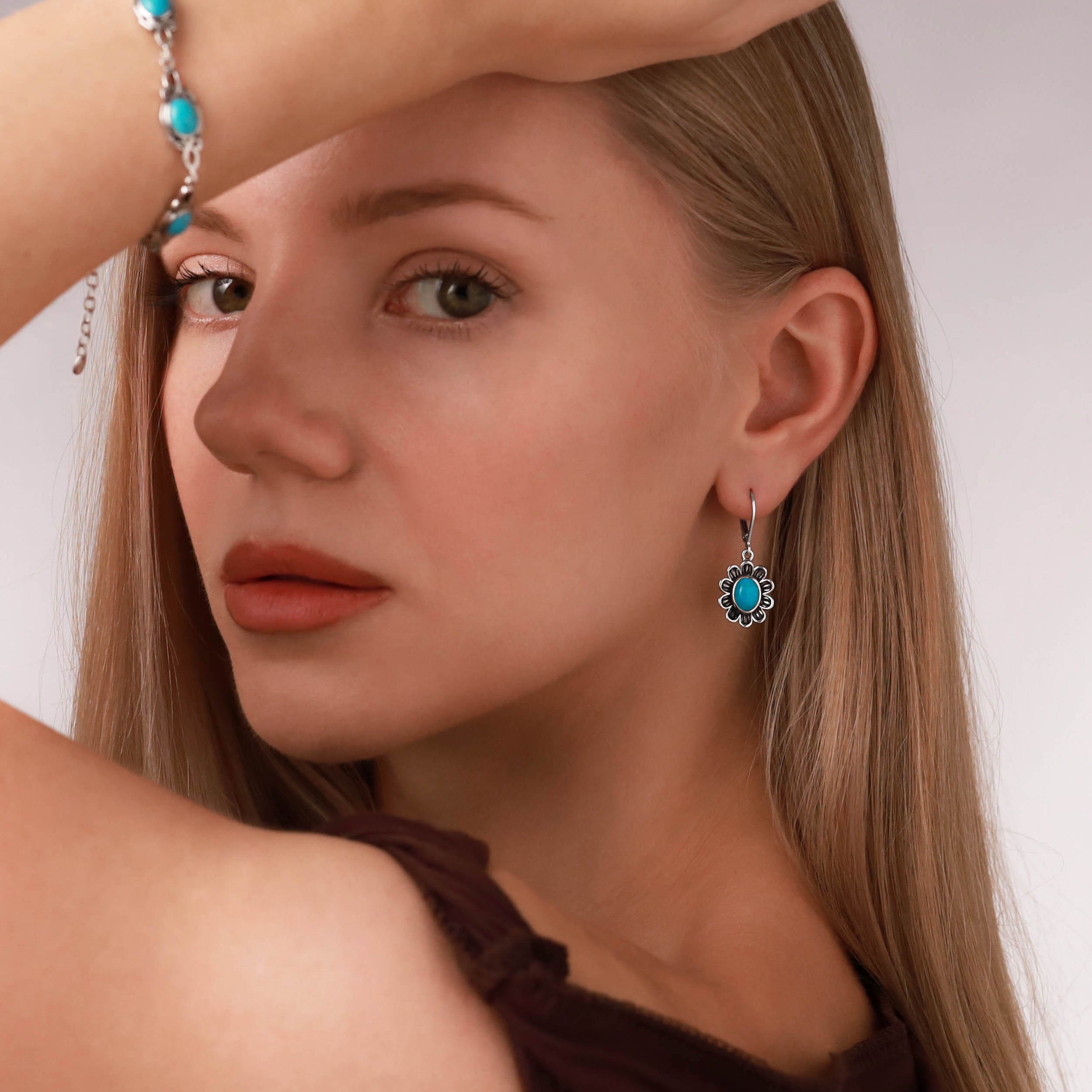 8x6mm Natural Oval Shape Moonstone 925 Sterling Silver Flower Leverback Dangle Earrings - Silvershake-store