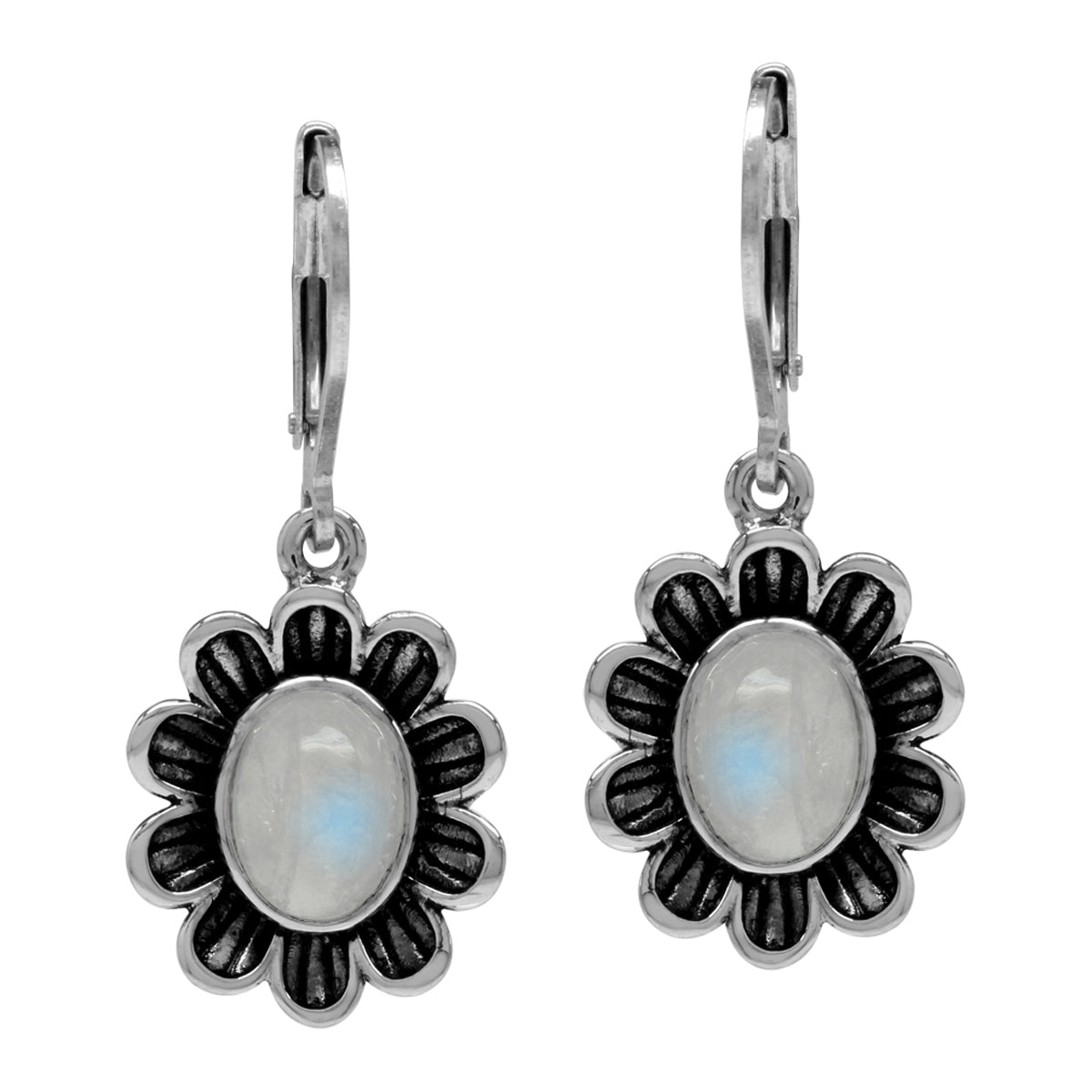 8x6mm Natural Oval Shape Moonstone 925 Sterling Silver Flower Leverback Dangle Earrings - Silvershake-store