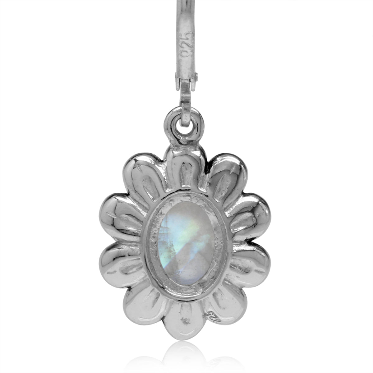 8x6mm Natural Oval Shape Moonstone 925 Sterling Silver Flower Leverback Dangle Earrings - Silvershake-store