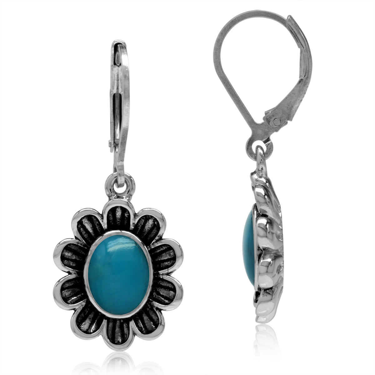8x6mm Genuine Oval Shape Arizona American Turquoise 925 Sterling Silver Flower Leverback Dangle Earrings Jewelry for Women - Silvershake-store