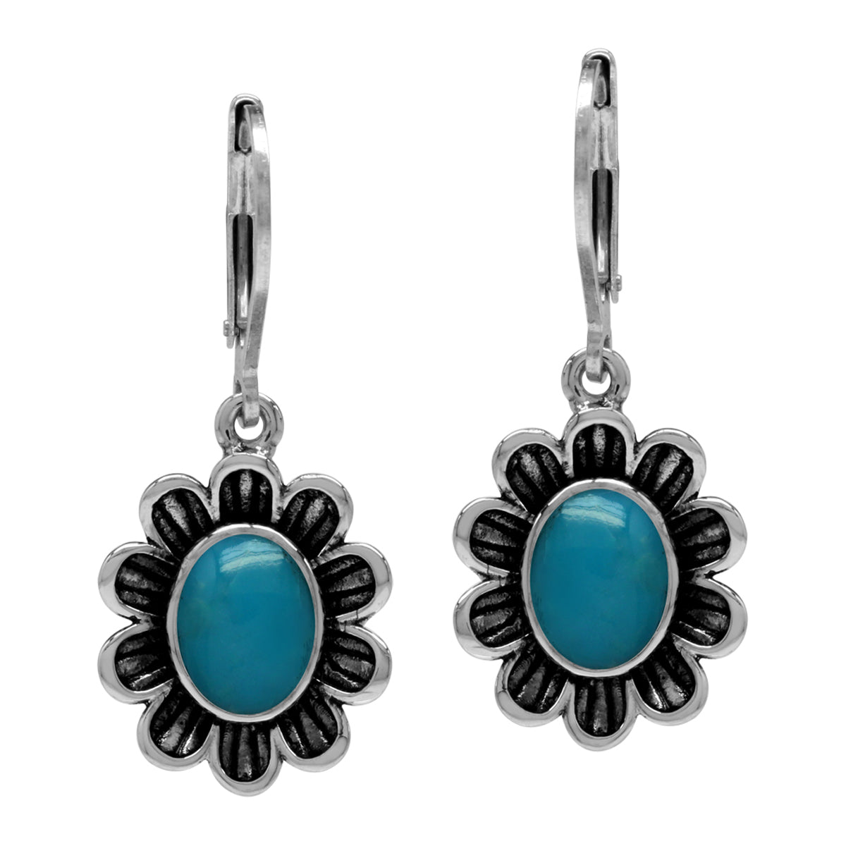 8x6mm Genuine Oval Shape Arizona American Turquoise 925 Sterling Silver Flower Leverback Dangle Earrings Jewelry for Women - Silvershake-store