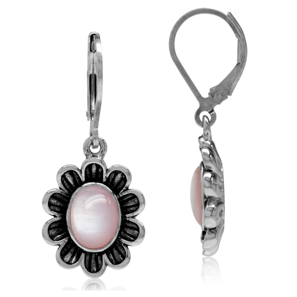8x6mm Oval Shape Pink Mother of Pearl 925 Sterling Silver Flower Leverback Dangle Earrings - Silvershake-store