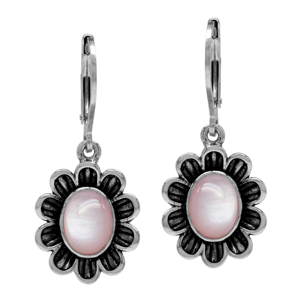 8x6mm Oval Shape Pink Mother of Pearl 925 Sterling Silver Flower Leverback Dangle Earrings - Silvershake-store