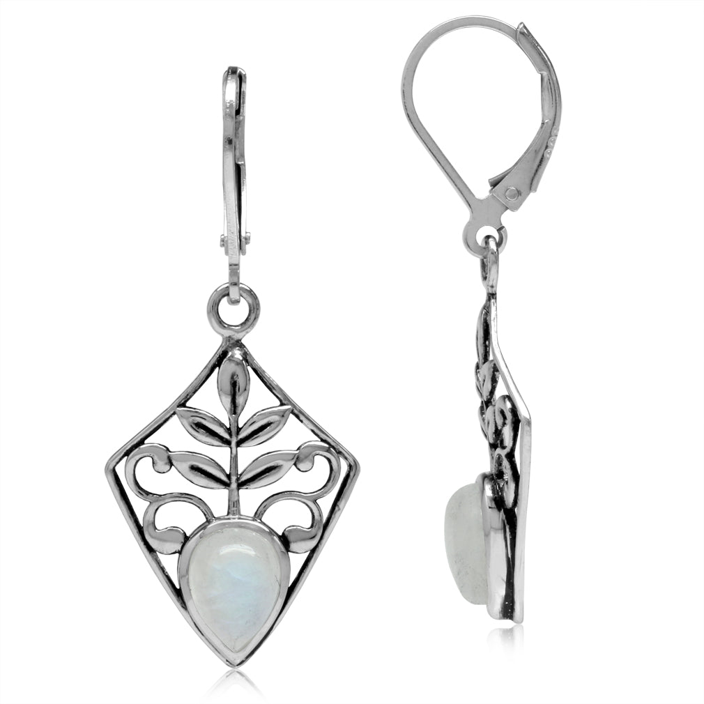 Natural Moonstone 925 Sterling Silver Filigree Leaf Drop Dangle Leverback Earrings - Silvershake-store