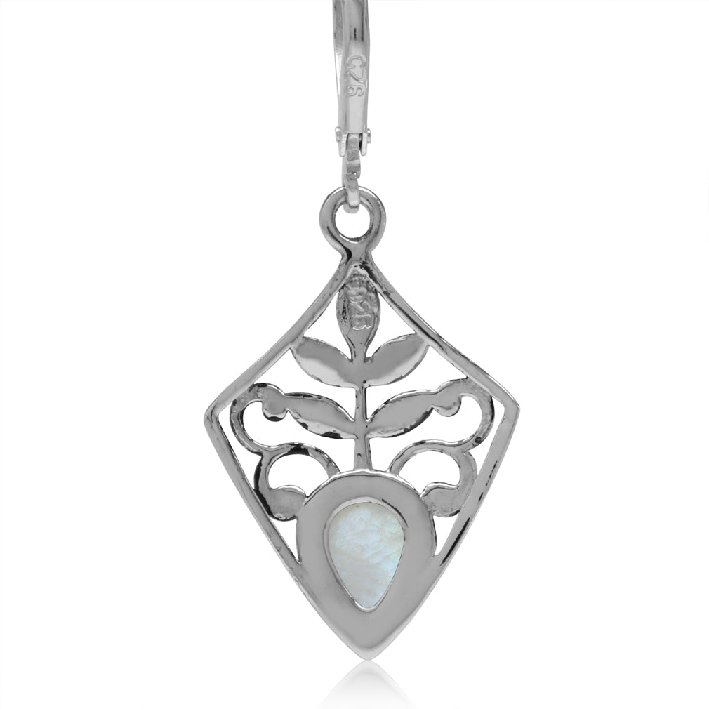 Natural Moonstone 925 Sterling Silver Filigree Leaf Drop Dangle Leverback Earrings - Silvershake-store