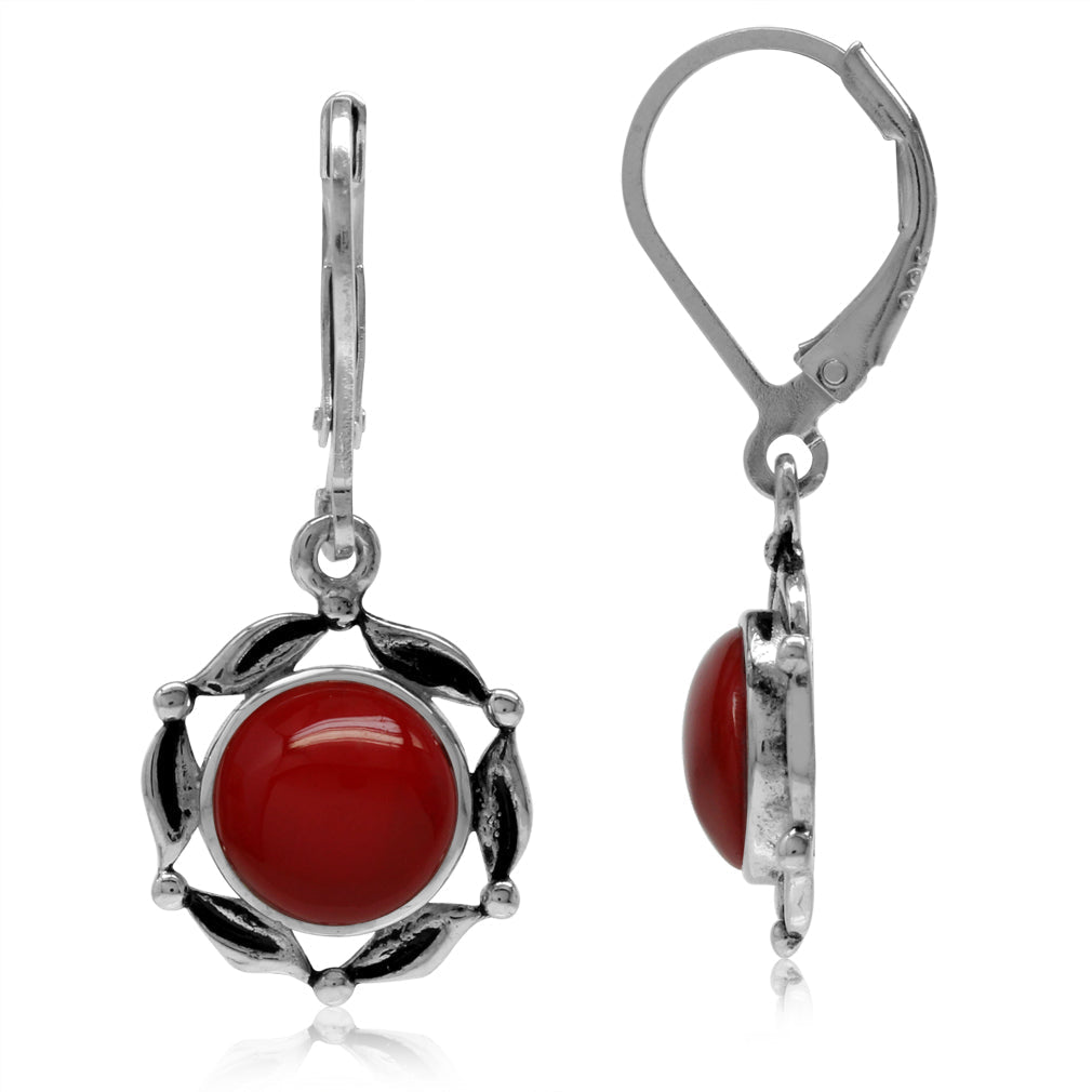 8mm Created Red Coral 925 Sterling Silver Leaf Eternity Leverback Dangle Earrings - Silvershake-store