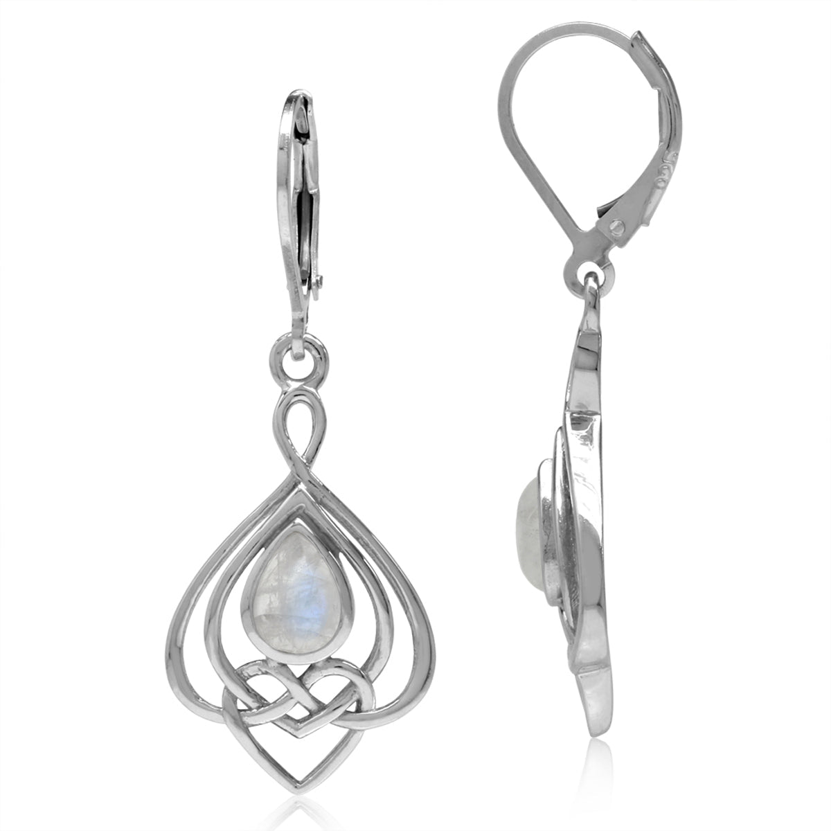 Natural Moonstone 925 Sterling Silver Celtic Heart Knot Drop Dangle Leverback Earrings - Silvershake-store