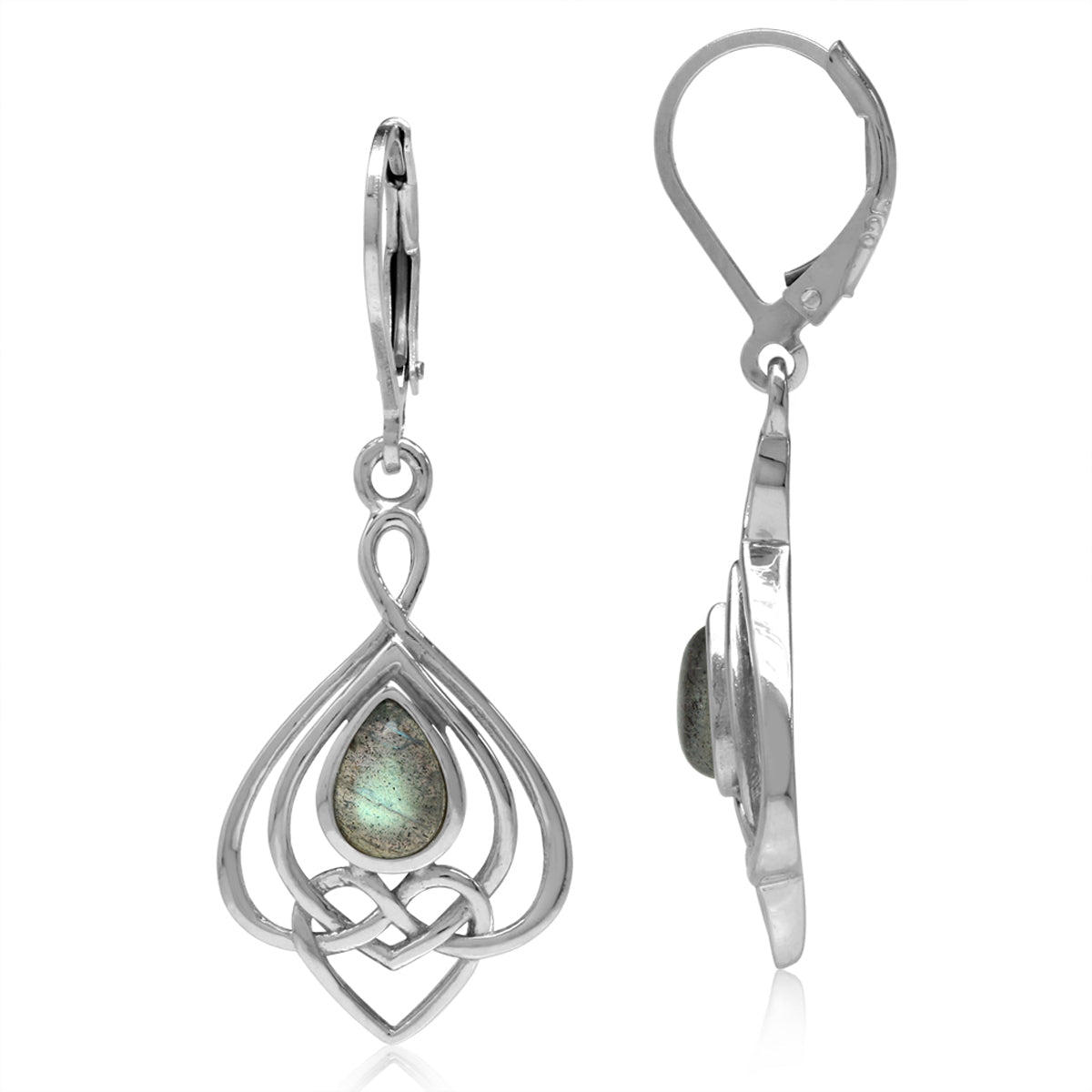 Labradorite 925 Sterling Silver Celtic Heart Knot Drop Dangle Leverback Earrings - Silvershake-store
