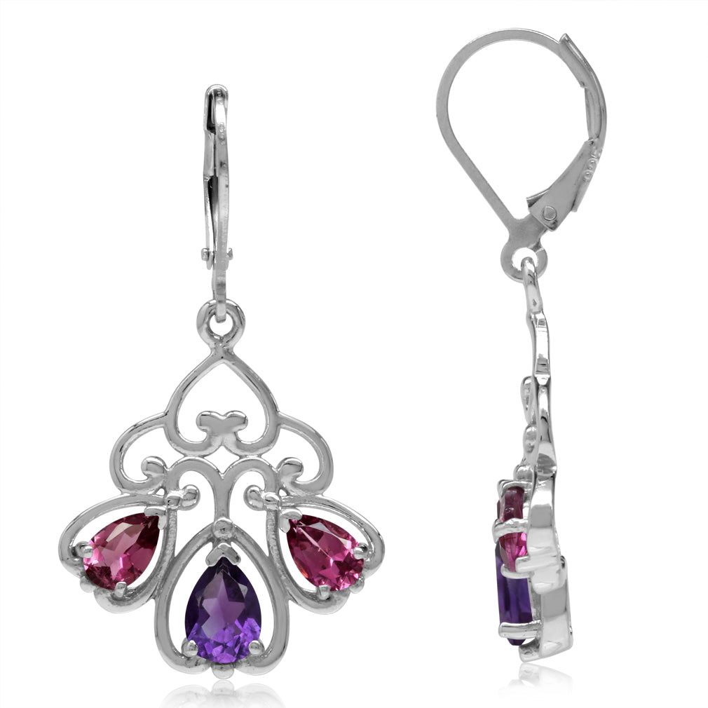 Natural African Amethyst and Tourmaline 925 Sterling Silver Heart Victorian Style Leverback Earrings - Silvershake-store