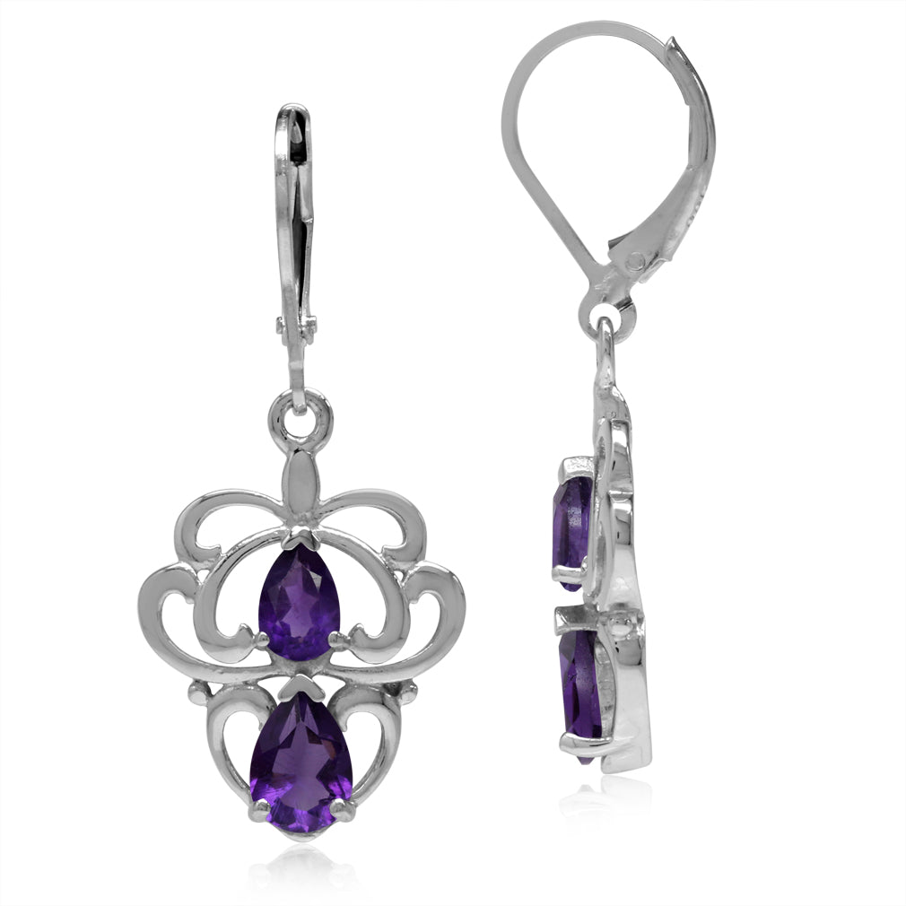 2.1ct. Natural African Amethyst 925 Sterling Silver Heart Victorian Style Leverback Dangle Earrings - Silvershake-store
