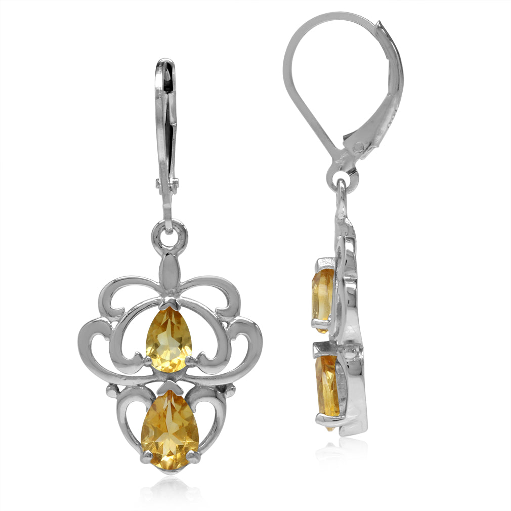 1.96ct. Natural Citrine 925 Sterling Silver Heart Victorian Style Leverback Dangle Earrings - Silvershake-store