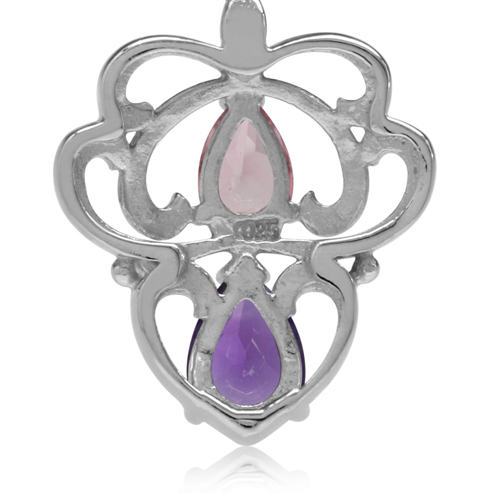 Natural African Amethyst and Tourmaline 925 Sterling Silver Heart Victorian Style Leverback Earrings - Silvershake-store