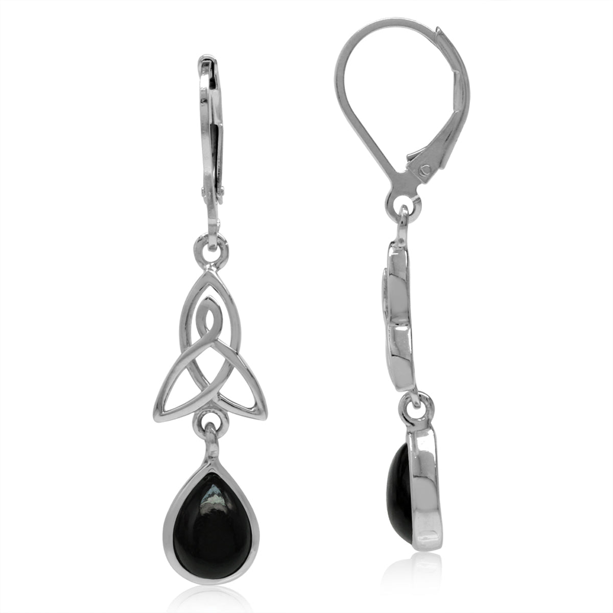 Natural Black Onyx 925 Sterling Silver Triquetra Celtic Knot Drop Dangle Leverback Earrings - Silvershake-store