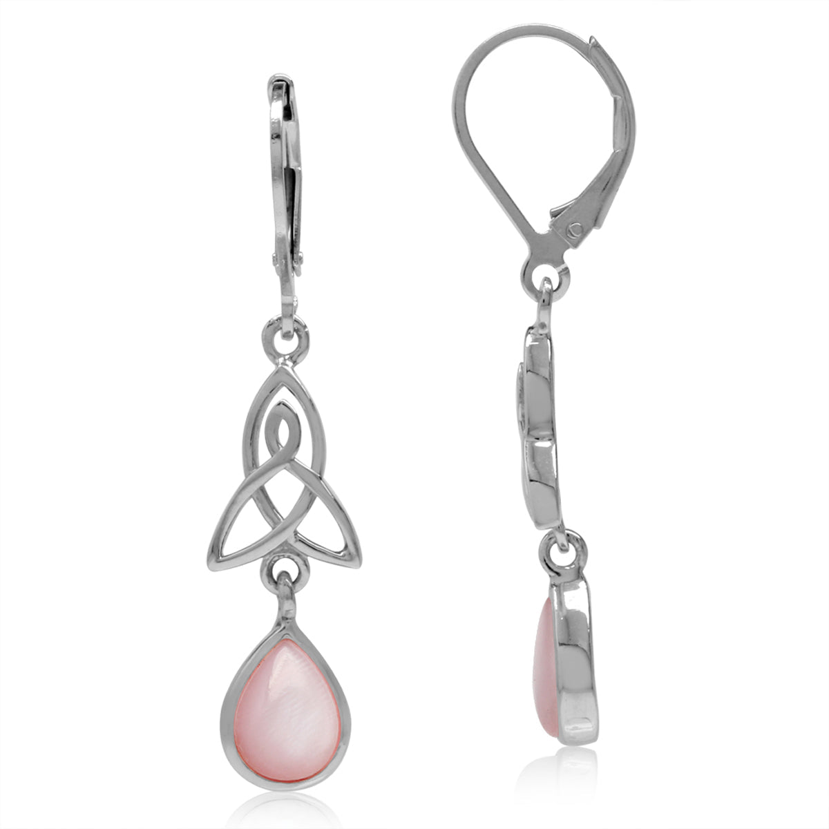 Pink Mother of Pearl 925 Sterling Silver Triquetra Celtic Knot Drop Dangle Leverback Earrings - Silvershake-store