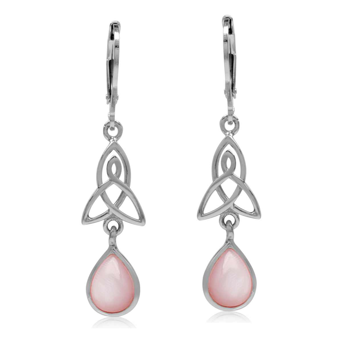 Pink Mother of Pearl 925 Sterling Silver Triquetra Celtic Knot Drop Dangle Leverback Earrings - Silvershake-store