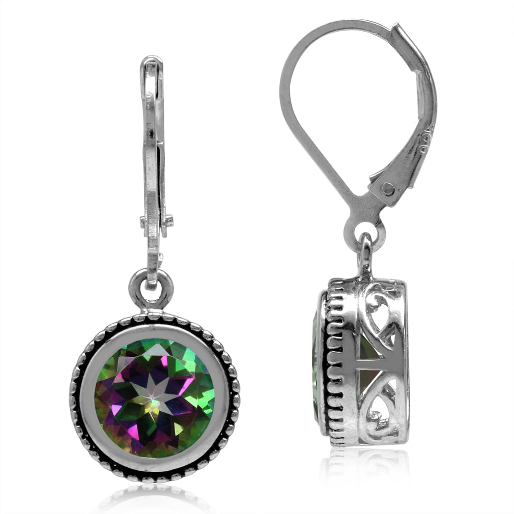 4.44ct. 8mm Round Mystic Fire Topaz 925 Sterling Silver Filigree Balinese Style Leverback Earrings - Silvershake-store