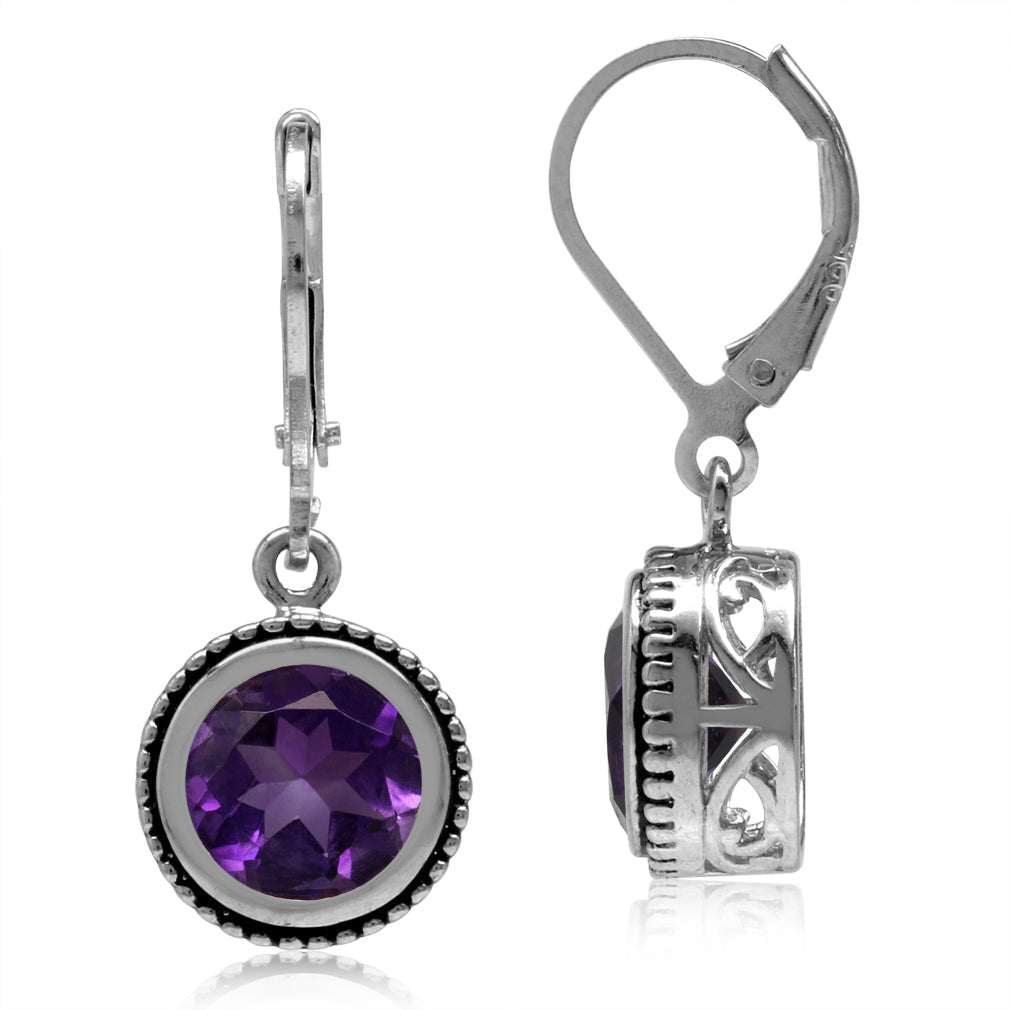 3.48ct. 8mm Natural African Amethyst 925 Sterling Silver Filigree Balinese Style Leverback Earrings - Silvershake-store
