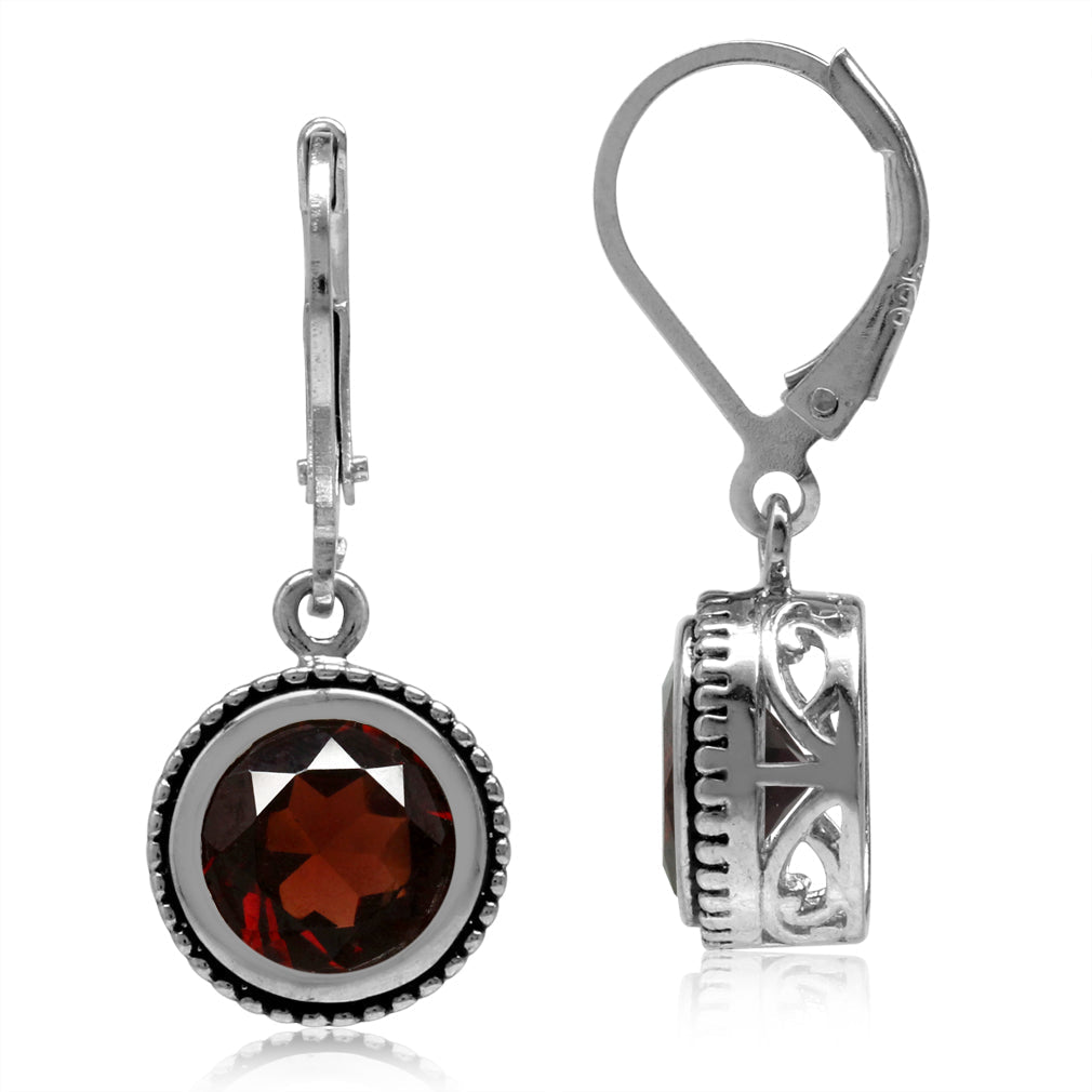 4.28ct. 8mm Natural Round Shape Garnet 925 Sterling Silver Filigree Balinese Style Leverback Earrings - Silvershake-store