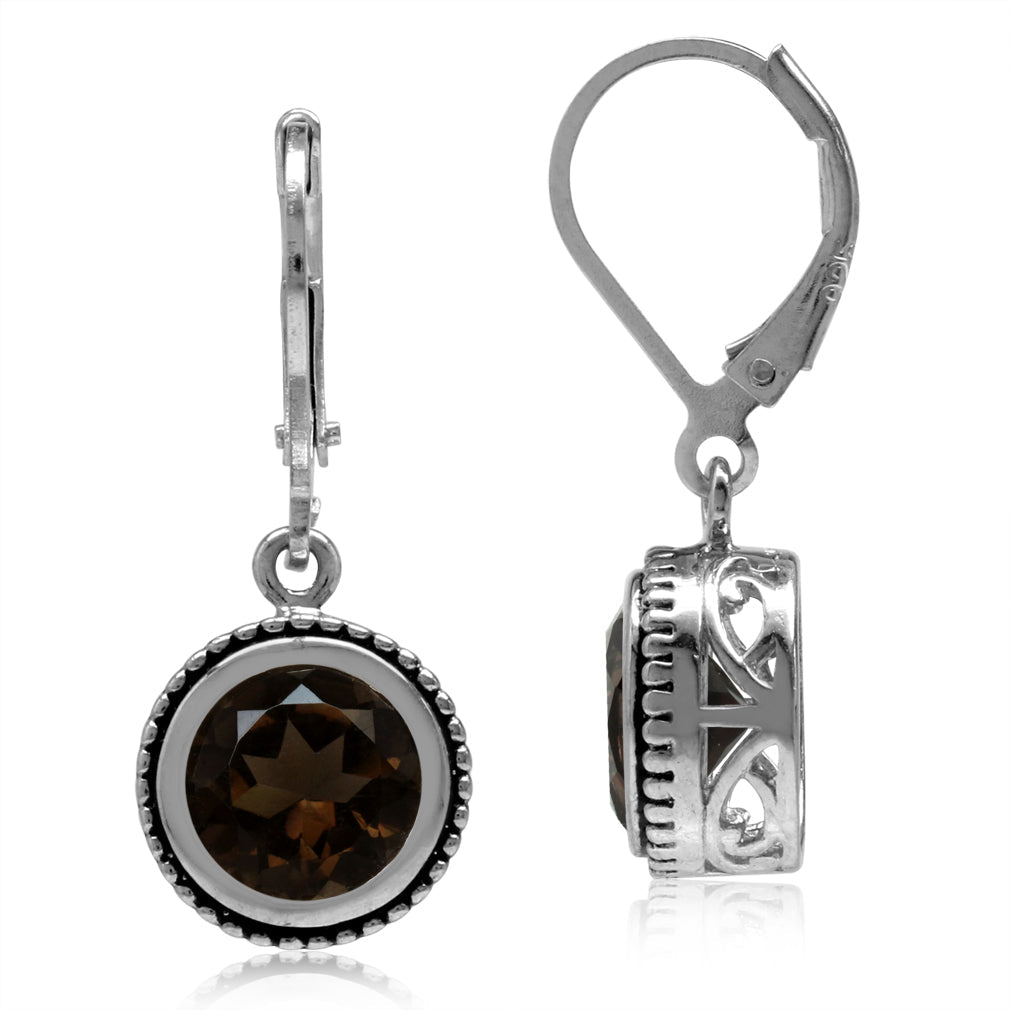 3.54ct. 8mm Natural Round Smoky Quartz 925 Sterling Silver Filigree Balinese Style Leverback Ea - Silvershake-store