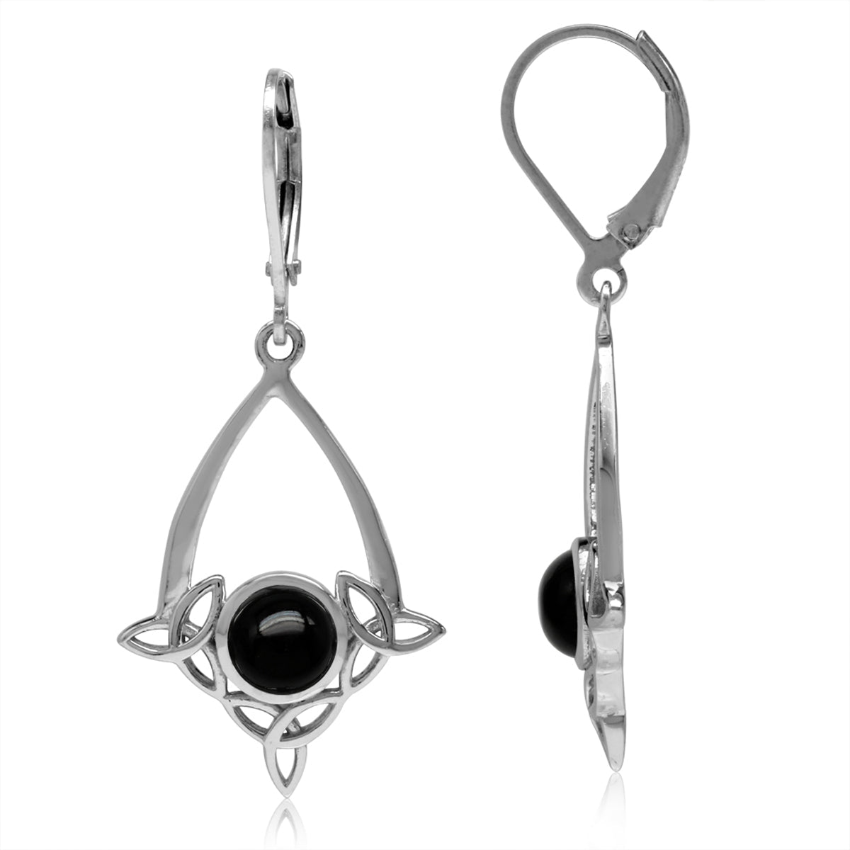 Natural Black Onyx 925 Sterling Silver Triquetra Celtic Knot Drop Dangle Leverback Earrings - Silvershake-store