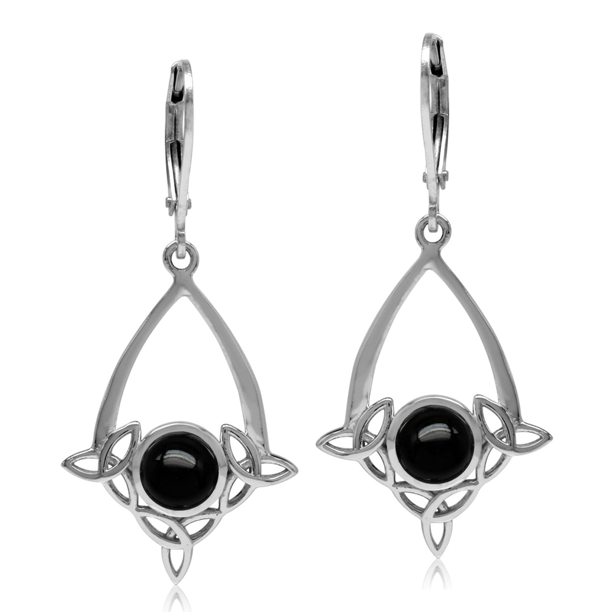 Natural Black Onyx 925 Sterling Silver Triquetra Celtic Knot Drop Dangle Leverback Earrings - Silvershake-store