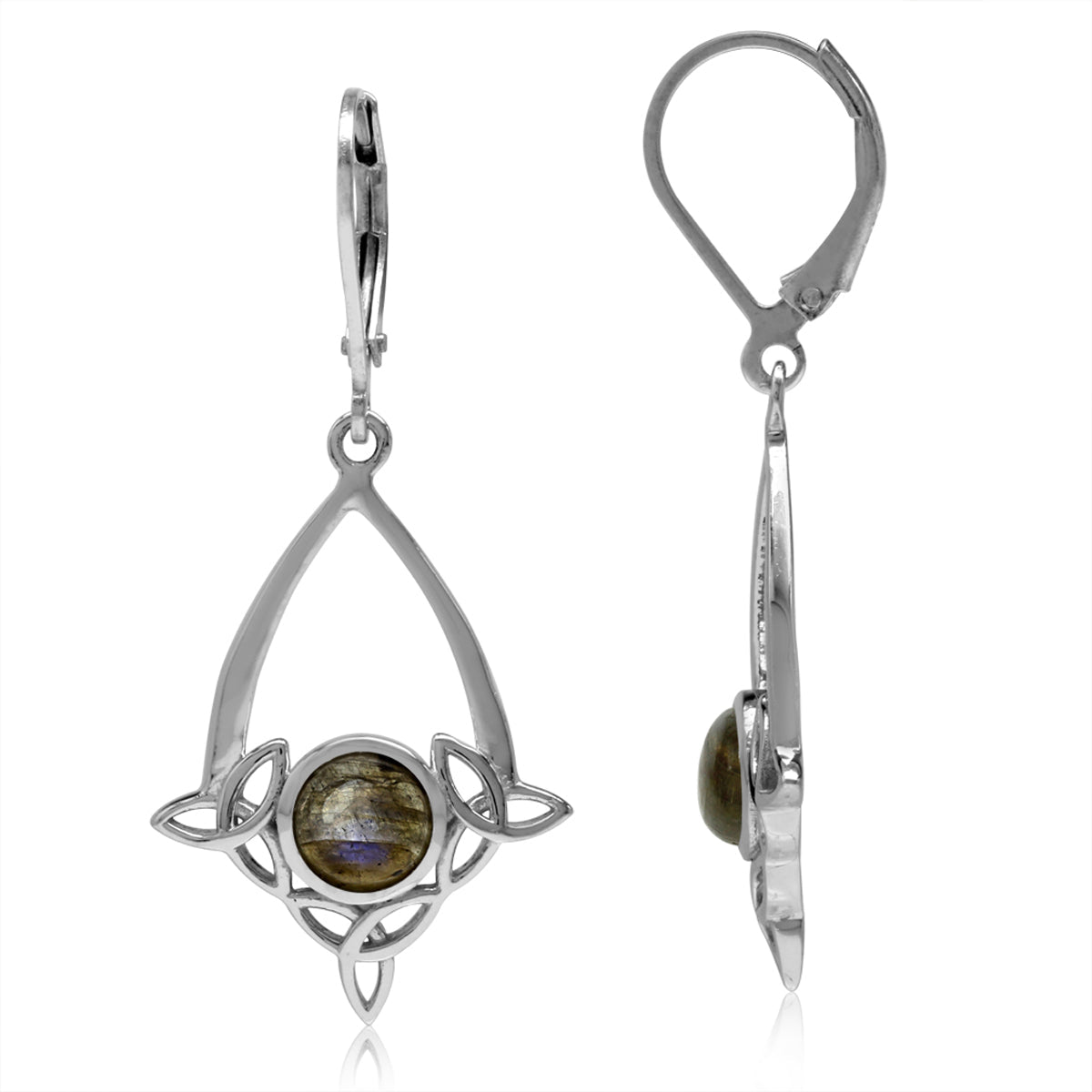 Labradorite White Gold Plated 925 Sterling Silver Triquetra Celtic Knot Drop Leverback Earrings - Silvershake-store