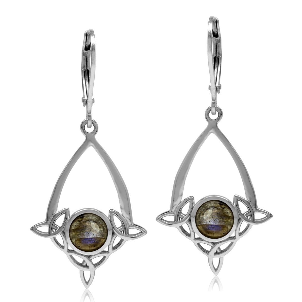 Labradorite White Gold Plated 925 Sterling Silver Triquetra Celtic Knot Drop Leverback Earrings - Silvershake-store