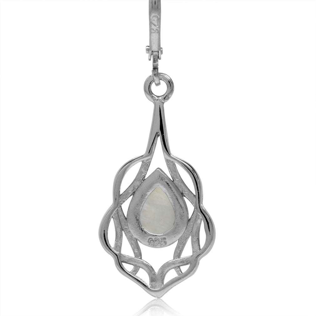 Natural Moonstone White Gold Plated 925 Sterling Silver Celtic Knot Drop Dangle Leverback Earrings - Silvershake-store