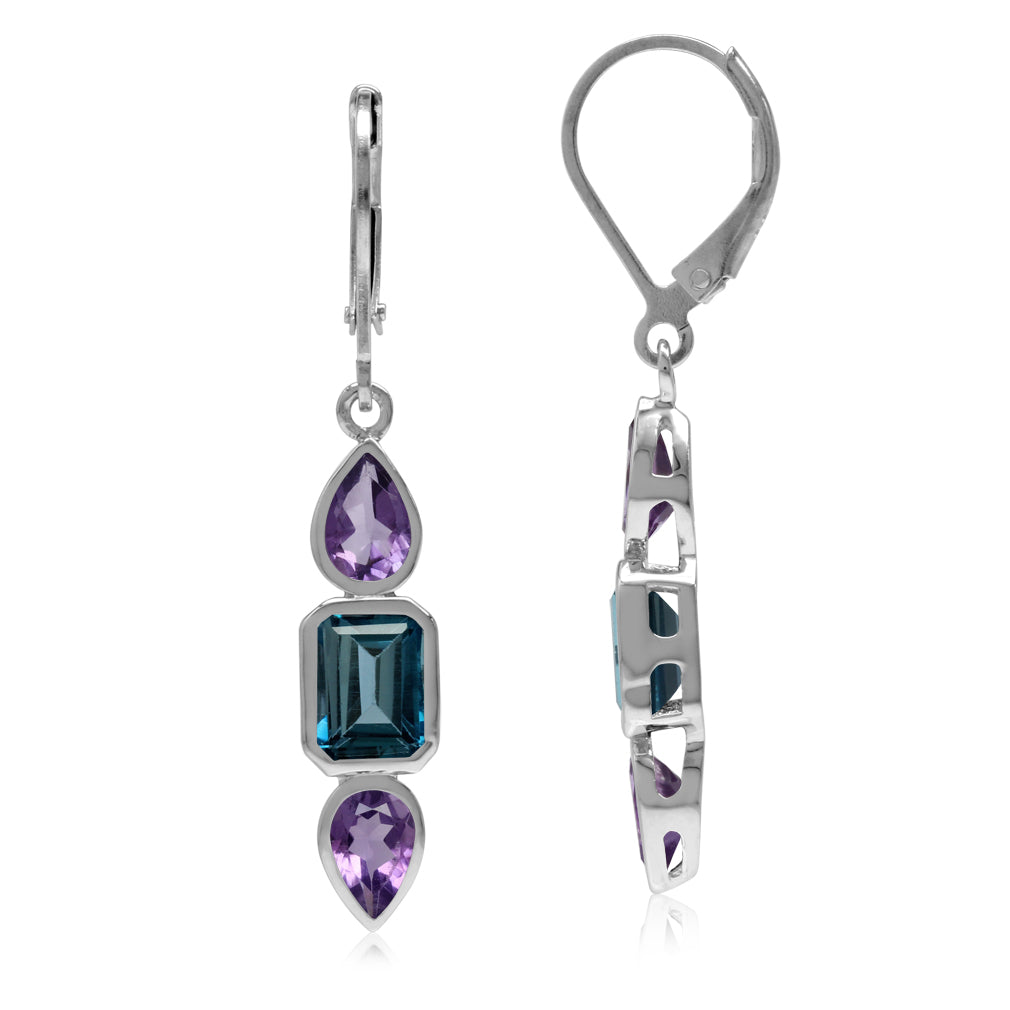 2.46ct. Genuine London Blue Topaz and Amethyst 925 Sterling Silver Leverback Dangle Earrings - Silvershake-store