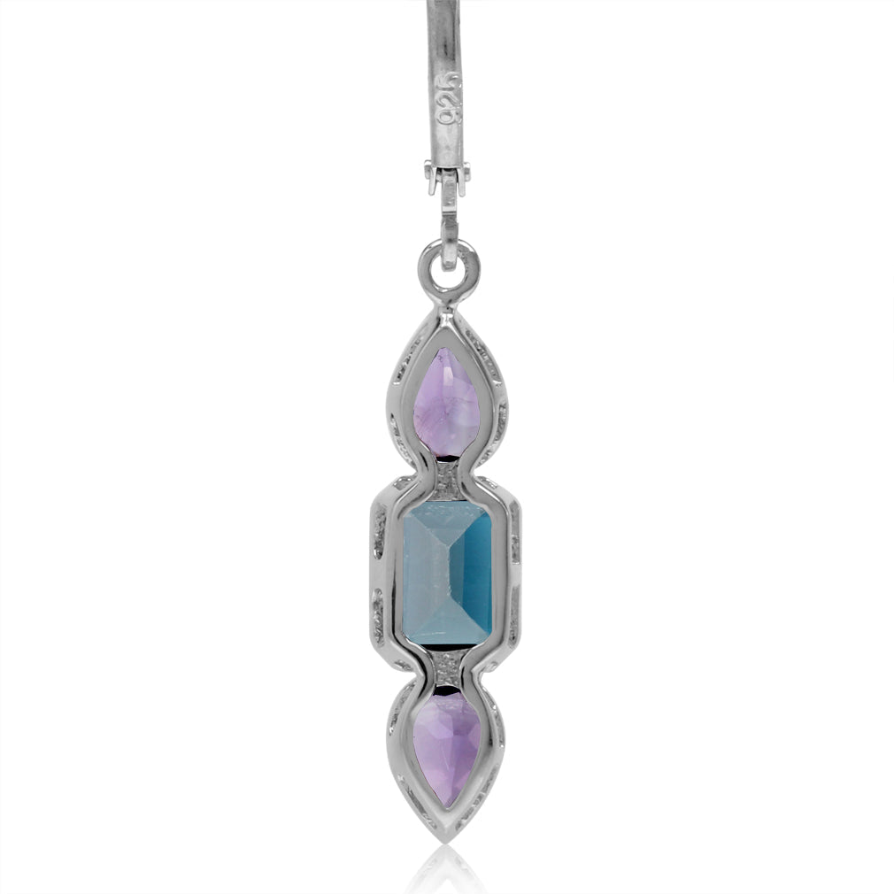 2.46ct. Genuine London Blue Topaz and Amethyst 925 Sterling Silver Leverback Dangle Earrings - Silvershake-store
