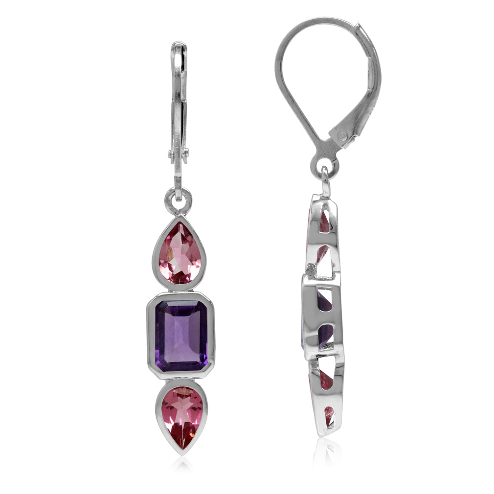 1.92ct. Natural Amethyst and Pink Tourmaline 925 Sterling Silver Leverback Dangle Earrings - Silvershake-store