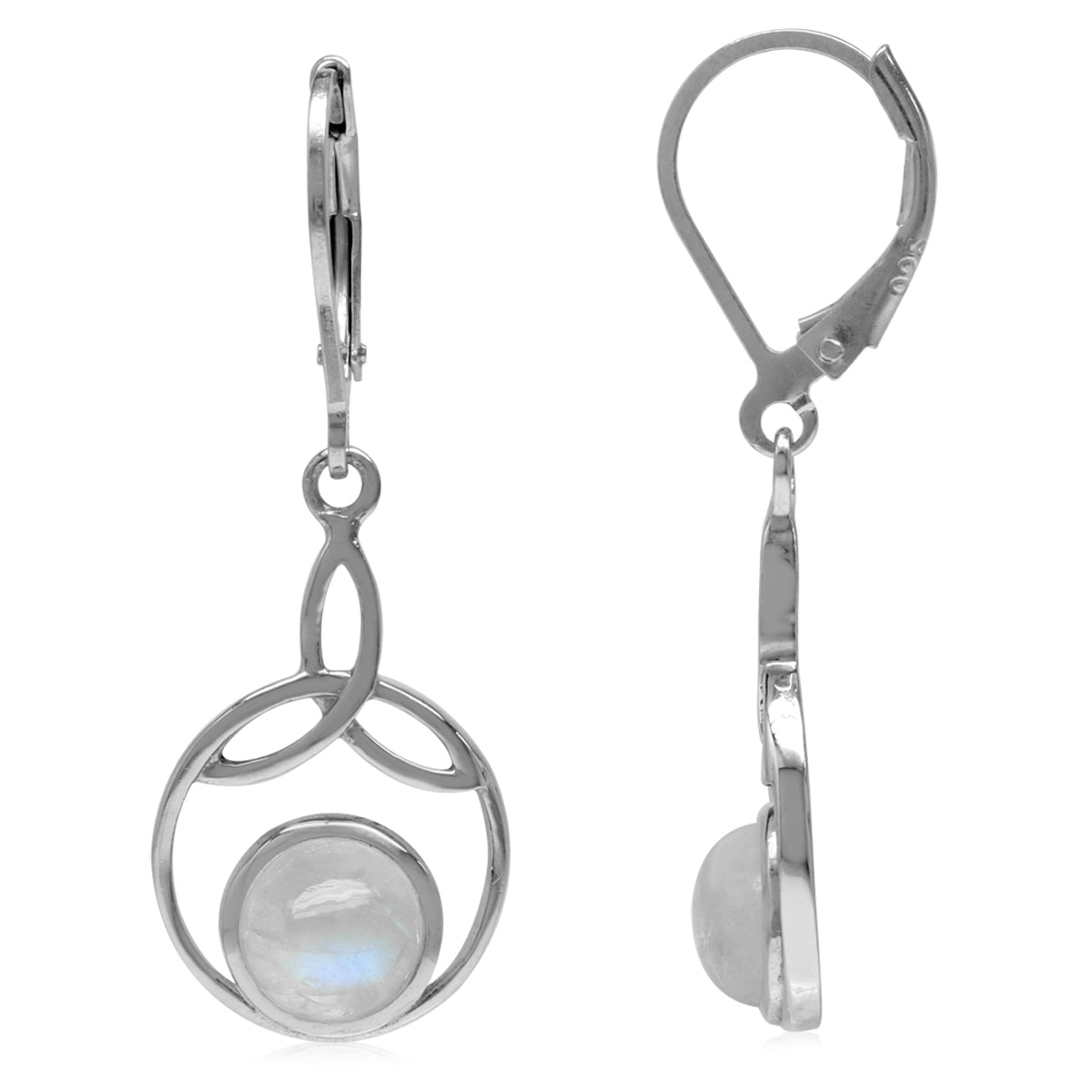 7mm Natural Round Shape Moonstone 925 Sterling Silver Triquetra Celtic Knot Leverback Earrings - Silvershake-store