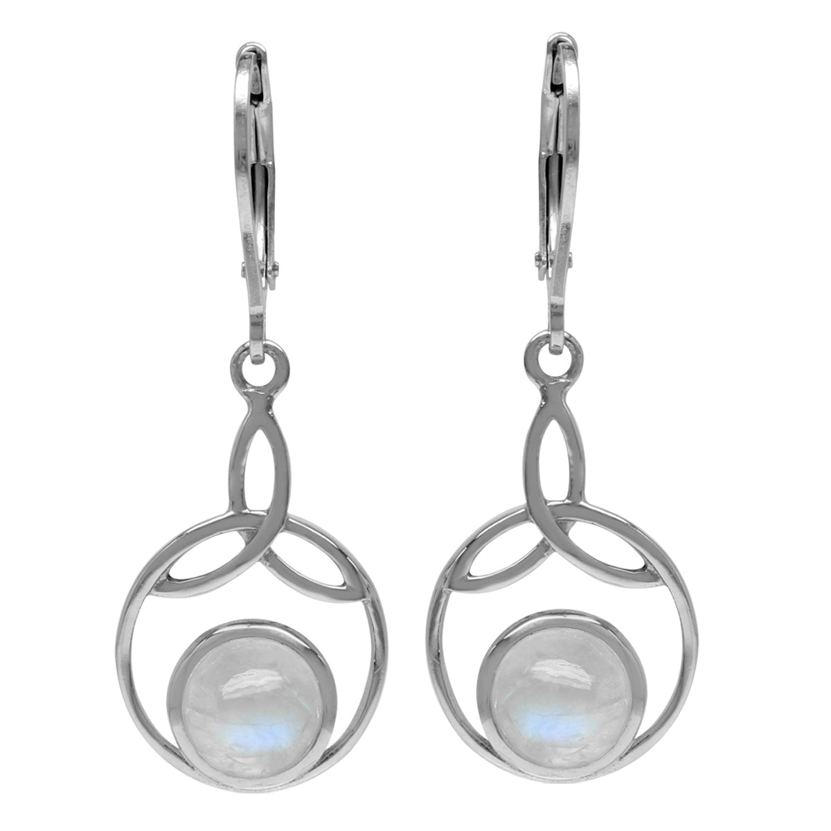 7mm Natural Round Shape Moonstone 925 Sterling Silver Triquetra Celtic Knot Leverback Earrings - Silvershake-store