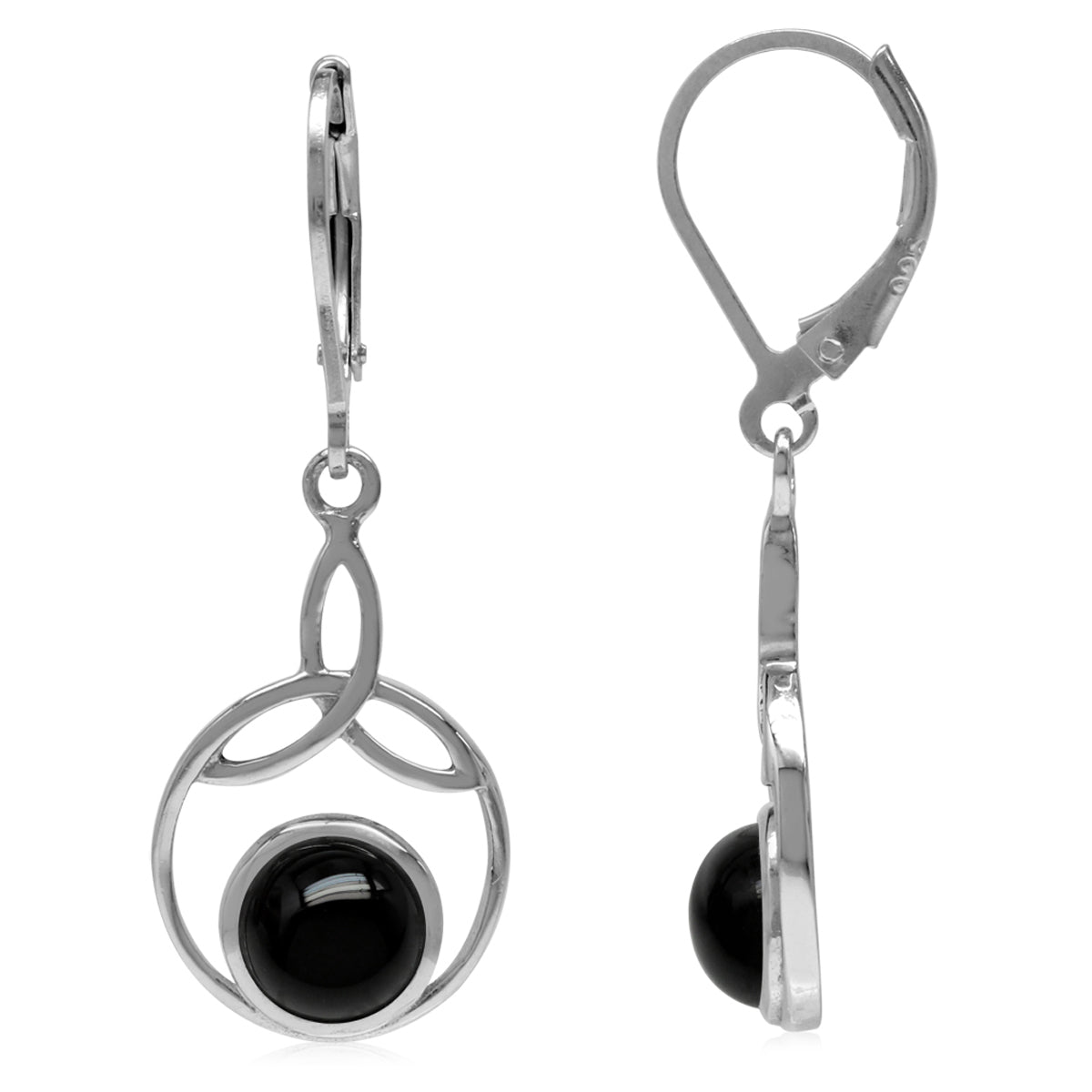 7mm Genuine Round Shape Black Onyx 925 Sterling Silver Triquetra Celtic Knot Leverback Earrings - Silvershake-store