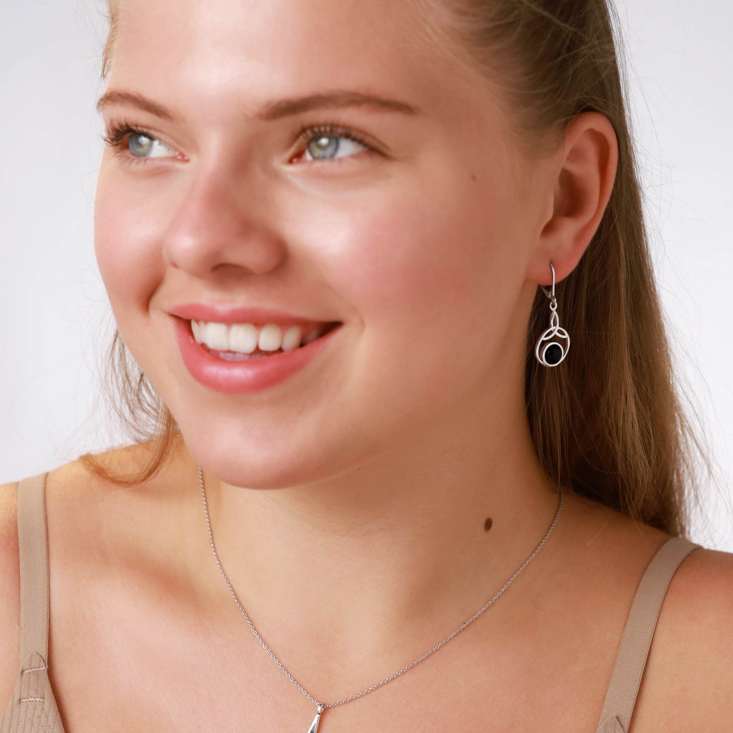 7mm Genuine Round Shape Black Onyx 925 Sterling Silver Triquetra Celtic Knot Leverback Earrings - Silvershake-store