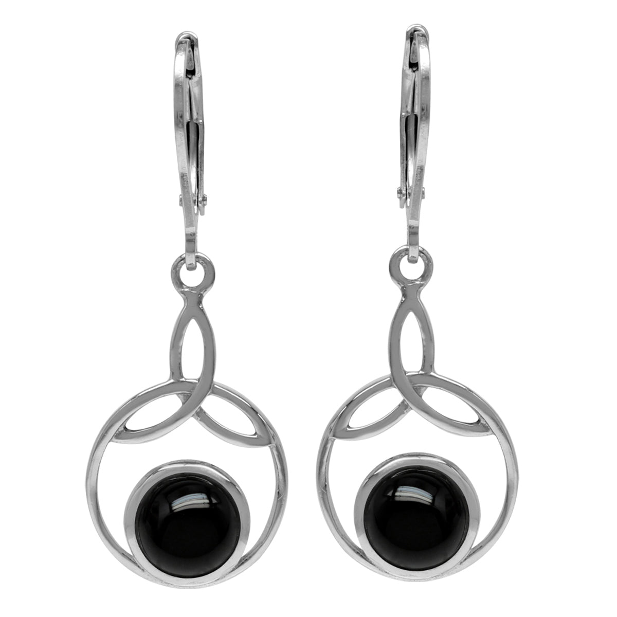 7mm Genuine Round Shape Black Onyx 925 Sterling Silver Triquetra Celtic Knot Leverback Earrings - Silvershake-store
