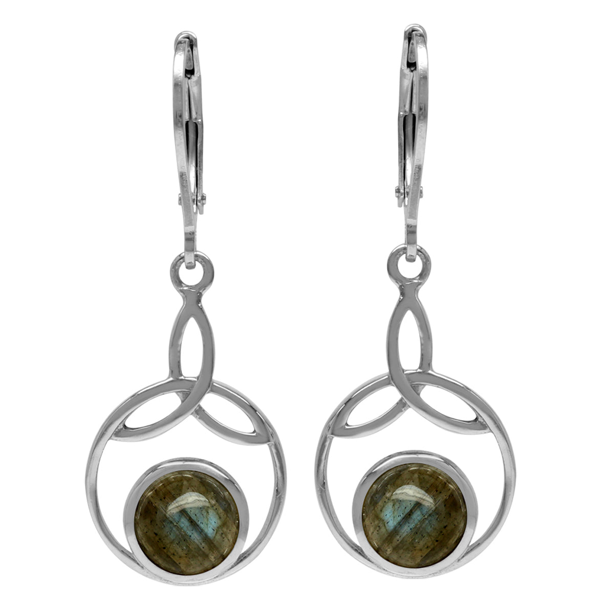 7mm Round Shape Labradorite 925 Sterling Silver Triquetra Celtic Knot Leverback Dangle Earrings - Silvershake-store