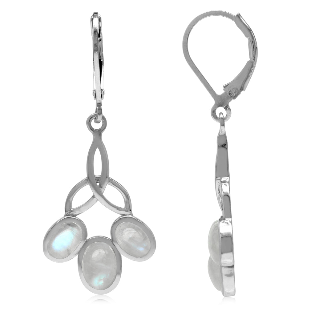 3 Stone Natural Oval Shape Moonstone 925 Sterling Silver Triquetra Celtic Knot Leverback Earrings - Silvershake-store
