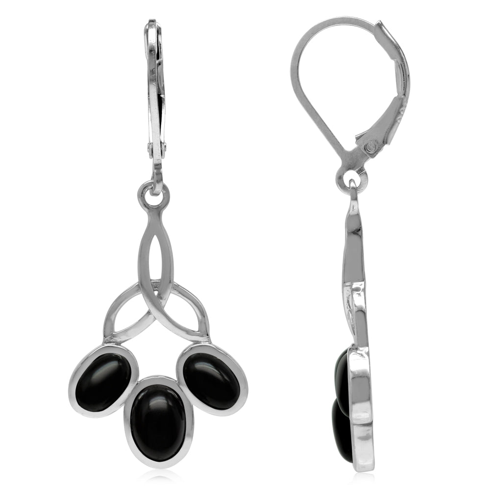 3 Stone Genuine Oval Shape Black Onyx 925 Sterling Silver Triquetra Celtic Knot Leverback Earrings - Silvershake-store