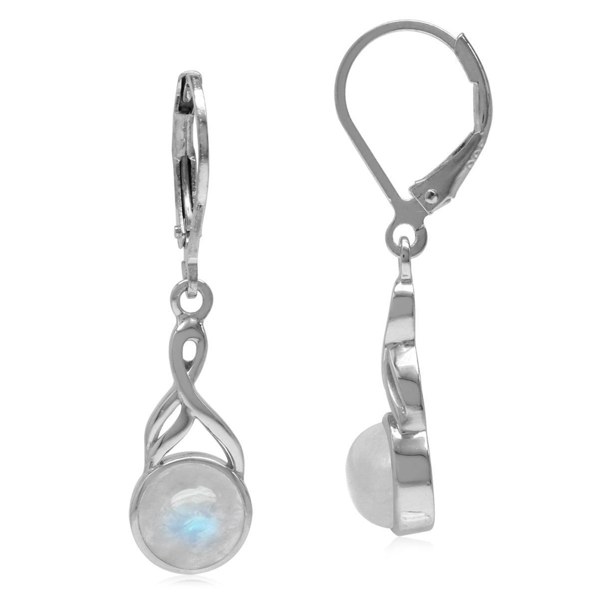 7mm Natural Round Shape Moonstone White Gold Plated 925 Sterling Silver Casual Leverback Earrings - Silvershake-store