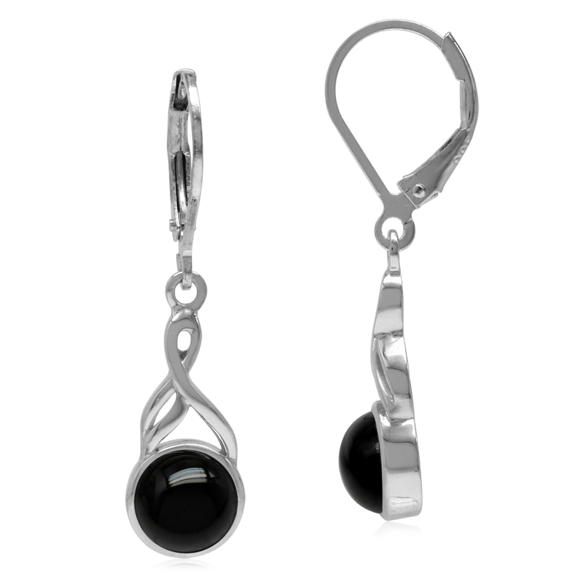 7mm Genuine Round Shape Black Onyx White Gold Plated 925 Sterling Silver Casual Leverback Earrings - Silvershake-store
